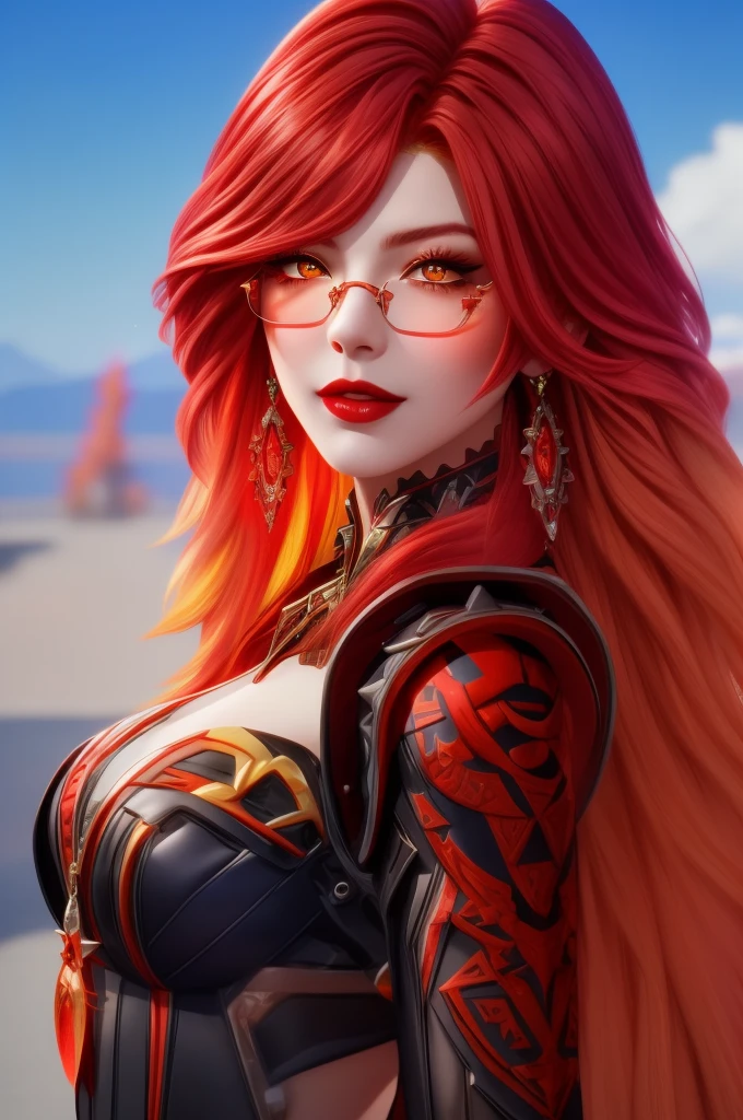 Mavuika (Genshin Impact), face close up, portrait shot, ((bright red hair at the ends)), adult girl, 25 years old, diamond face, blue sky on background, depth of field, magic, big red lips, ((red and yellow eyes)) black and red long and full dress, covered chest, mystical atmosphere, ominous shadows, Intense blue aura, Intense red aura (best quality:1.2), absurdres, intricate details, (highly detailed skin:1.2), smile expression, posing, taut and well defined body, attractive. Highly realistic, white skin, beautiful, hyperrealism, skin very elaborated, direct gaze, Aztec style, rectangular sunglasses,