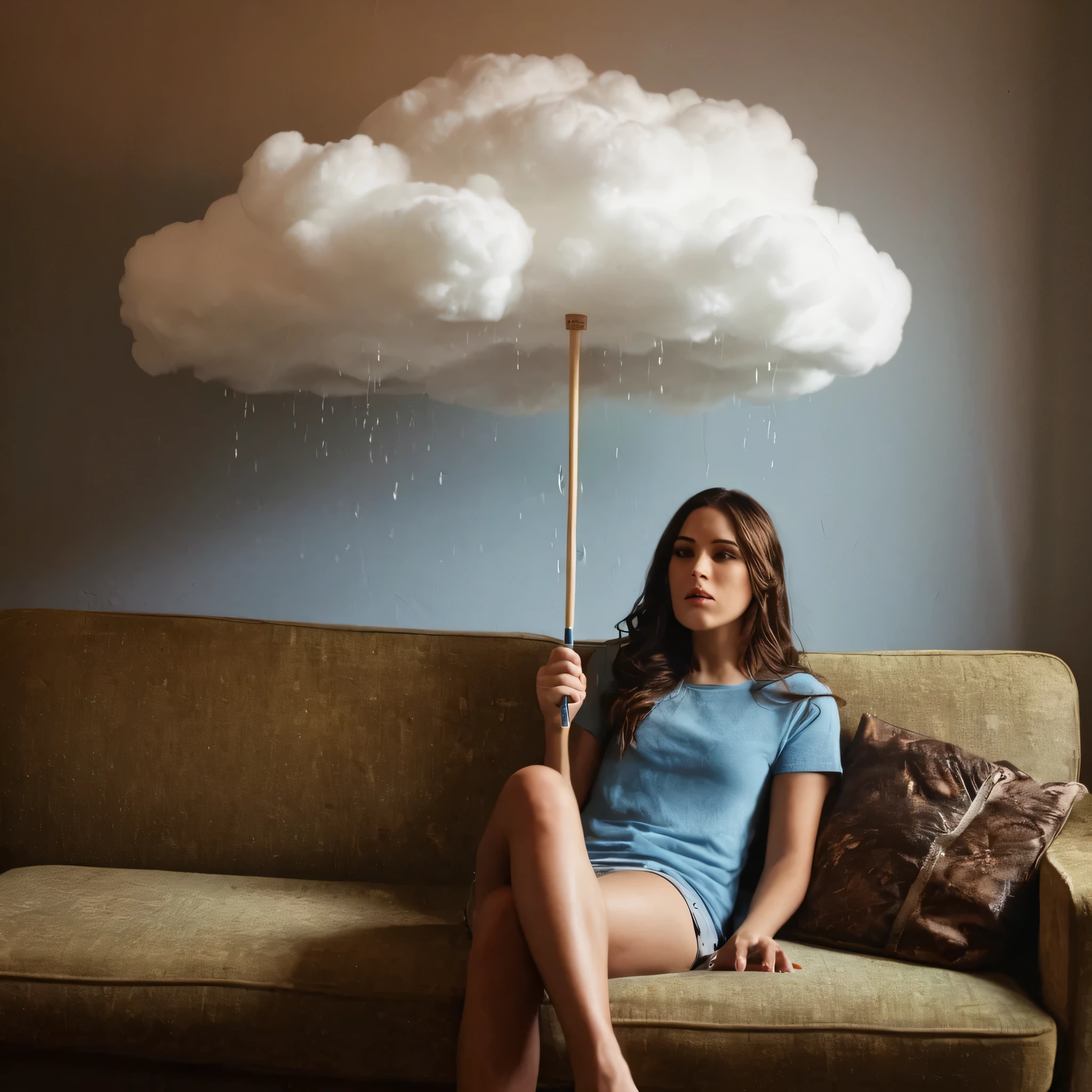 cinematic film still of Juxtaposition of a woman sitting on a couch holding an umbrella with foamy cloud rain above,1girl,solo,long hair brunette hair,sitting,indoors,window,umbrella,couch,rain,realistic,ruins Juxtaposition,artistic,photography,dramatic light,dramatic shadow light,contrast,saturated color,cinematic,filmic,photographic,realistic,realism,perfection,perfect,Juxtaposed,opposite,different things,side by side,syncretism,antithesis,Juxtaposition style,ruins , creative, photorealism, hyperrealism, Fine art photography style, Fine art cinematic photography style, shallow depth of field, vignette, highly detailed, high budget, bokeh, cinemascope, moody, epic, gorgeous, film grain, grainy