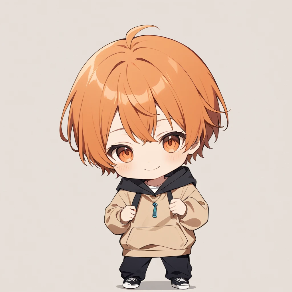 Orange Hair, Orange eyes,Short Hair,smile, a bit,maleの子一人,a bitキャラ,anime,whole body,mini,male,小さいmaleの子,a little ,hoodie