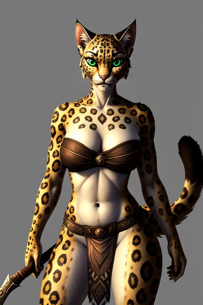 small, young, woman, White lioness in cheetah skin, mature body,healthy body,yellow-green eyes, big breasts,pointed chest,plump breasts,big ass,perfect legs, crawl on all fours,Kneeling,protruding butt,Indigenous clothing(sexy cleavage,exposed chest)Tattered loincloth,almost naked, Are standing, (Happy), full body, (soft shading), 4k, detailed face, detailed eyes, detailed, Zootopia Style, blank background, full body, tail