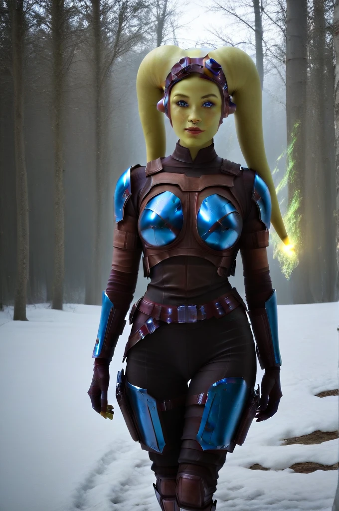 a ((fall body)) (((hera syndulla))) ((green skin )) ((female twi'lek ))mandalorian,walking on snow, ((green fire eyes )) , beautiful detailed eyes, beautiful detailed lips, extremely detailed face, long eyelashes, mandalorian armor, sci-fi, cinematic lighting, dramatic, epic, intricate details, hyper-realistic, 8k, high-quality, photorealistic
