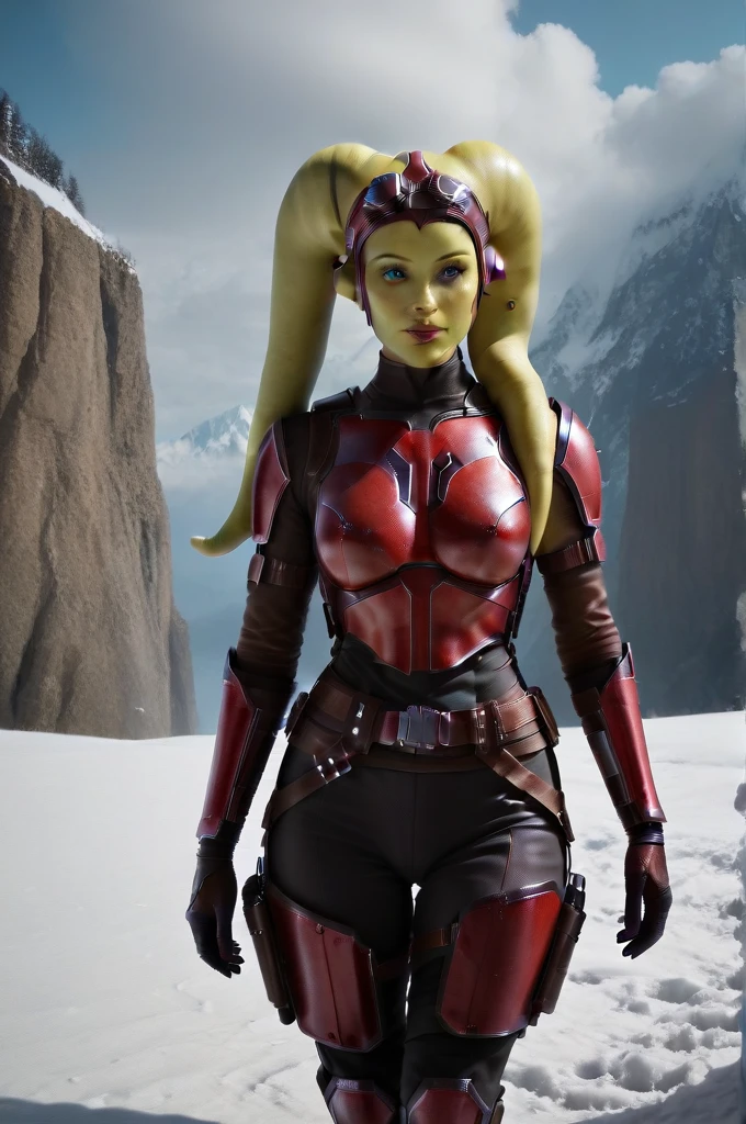 a ((fall body)) (((hera syndulla))) ((green skin )) ((female twi'lek ))mandalorian,walking on snow, ((green fire eyes )) , beautiful detailed eyes, beautiful detailed lips, extremely detailed face, long eyelashes, mandalorian armor, sci-fi, cinematic lighting, dramatic, epic, intricate details, hyper-realistic, 8k, high-quality, photorealistic