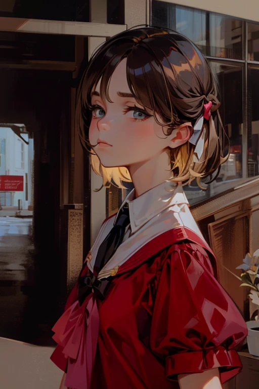 (extremely delicate and beautiful: 1.2), 1girl, fashi-girl, bangs, pretty eyes, bow, brown hair, closed mouth, sideways, hair between eyes, hair bow, short sleeves, looking at the viewer, medium hair, solo, upper body, school uniform: 1.3, ((solo)), (masterpiece), blonde