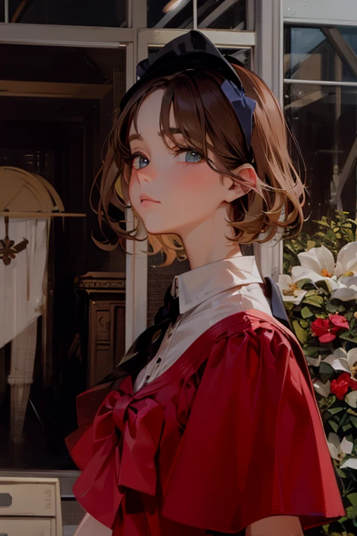 (extremely delicate and beautiful: 1.2), 1girl, fashi-girl, bangs, pretty eyes, bow, brown hair, closed mouth, sideways, hair between eyes, hair bow, short sleeves, looking at the viewer, medium hair, solo, upper body, school uniform: 1.3, ((solo)), (masterpiece), blonde