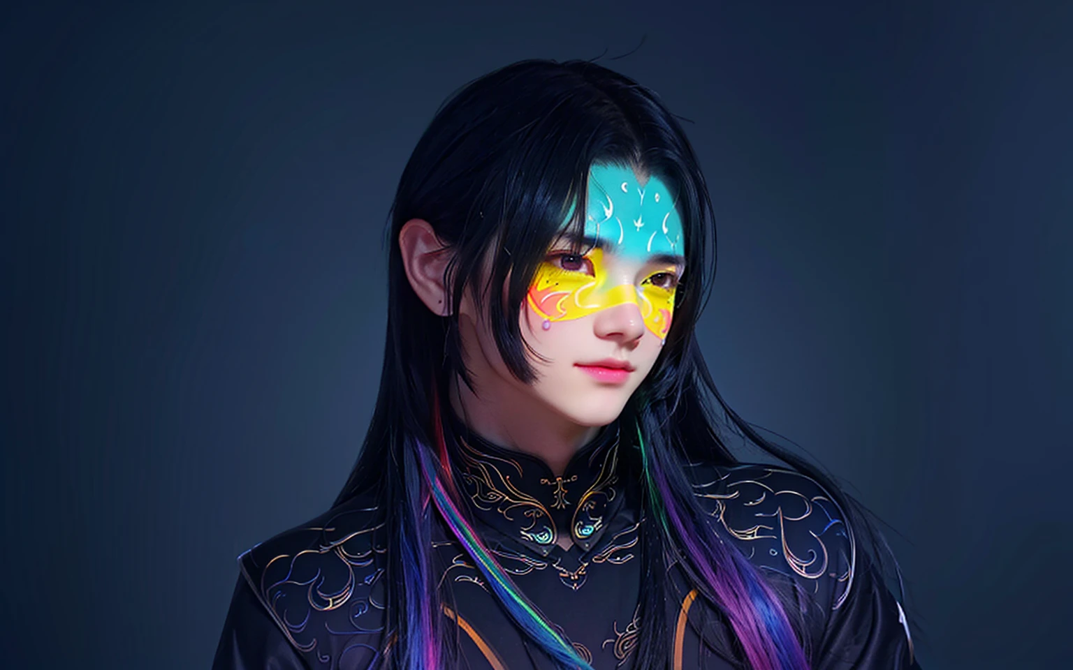 Alavd image of a man with rainbow light on his face, inspired by Yanjun Cheng, inspired author:Russell Dongjun Lu, Glowing with color, Inspired by jeonseok lee, yanjun chengt, author:Russell Dongjun Lu, by Yanjun Cheng, Luminous aesthetics, Color Portrait, Glowing rainbow face, Radiant face, Aesthetic portrait
