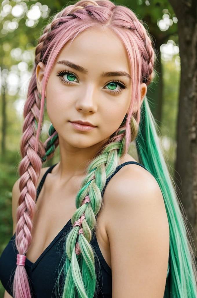 Anime girl with pink braided hair with green in the end and green eyes