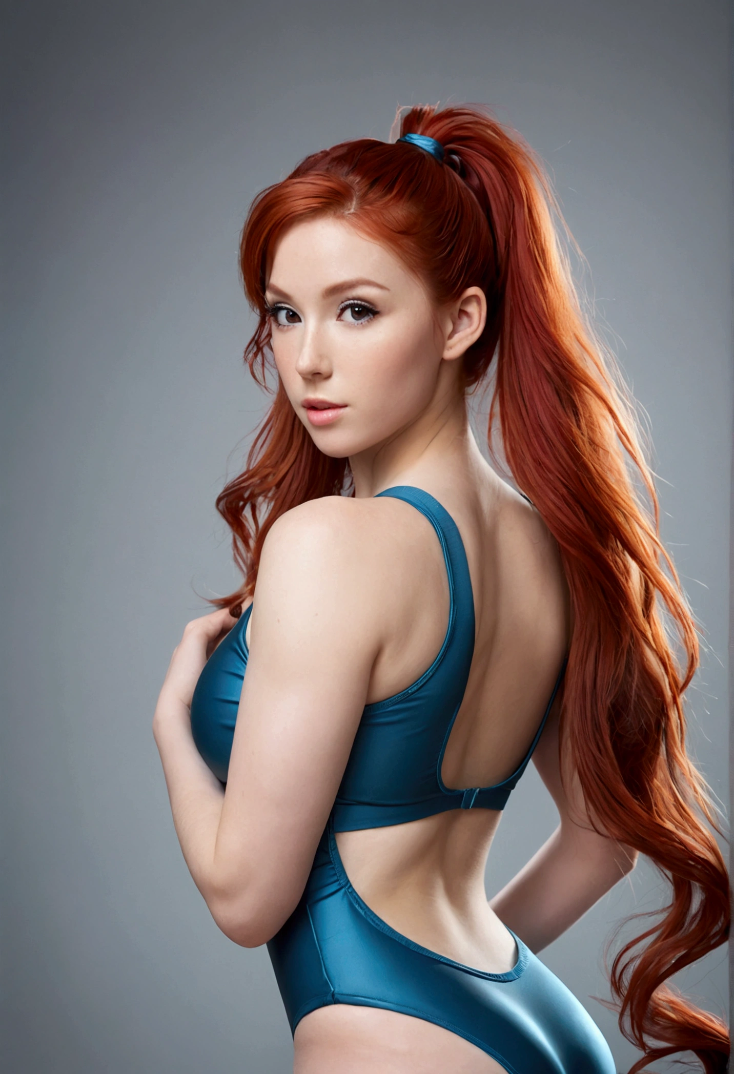 ultra realistic, photography, long red hair, girl, 24 years old, hourglass figure, perfect body, Flirty look, extremely detailed artgerm, in the style artgerm, facing the camera, lens 35 mm, blur background, aerobic leotards, hair in a ponytail