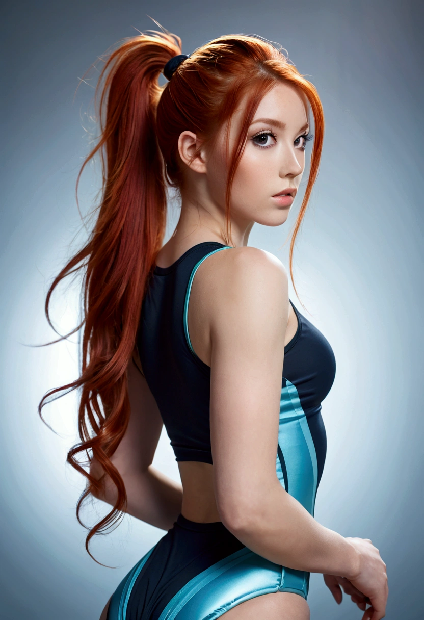 ultra realistic, photography, long red hair, girl, 24 years old, hourglass figure, perfect body, Flirty look, extremely detailed artgerm, in the style artgerm, facing the camera, lens 35 mm, blur background, aerobic leotards, hair in a ponytail