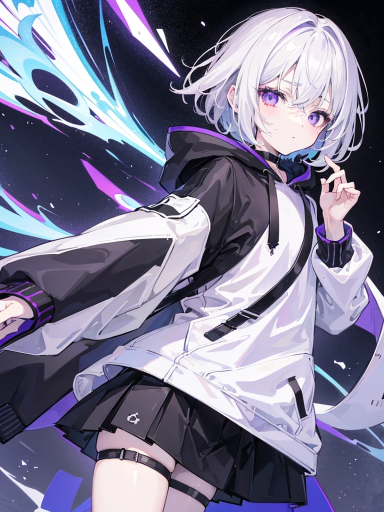 Teenage girl with short white hair in dark anime style、With pale purple eyes and a sad expression on his face、He is wearing a white hoodie with a black jacket over it、Black shortodern, relaxed clothing、Peaceful night town background、high resolution