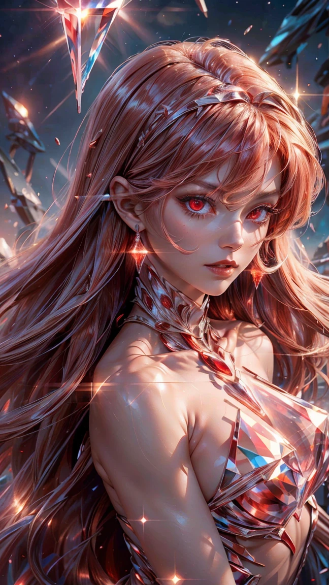 upper body of humanoid woman of ruby gem, crystallineAI, long hair and skin of light red chrystals, beautiful humanoid chrystal, glowing red eyes, (naked), (chrystal skin)