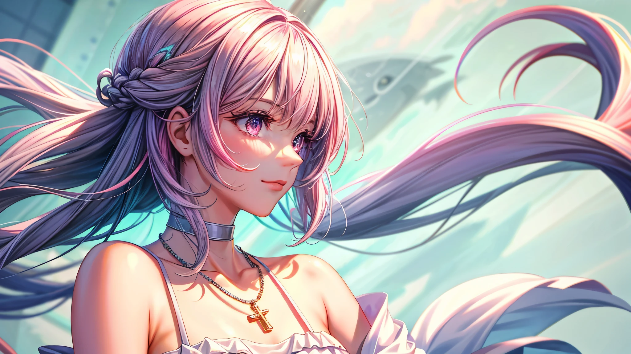 8k wallpaper,tmasterpiece,cinmatic lighting,top Quority,illustratio,Dramatic angles,((a color:1.1)),((Colored inner hair:1.4)),
1girll, solo, long whitr hair, SakuraNS, Pink eyes, Cross necklace, parted lip, a white choker, liquid hair, Pink gray hair, By bangs, By bangs, From the side Side, contours, The upper part of the body, blue hairs, simple backgound, pink back ground, exposed bare shoulders, sportrait, looking at viewert, white dresses, hairsbetweeneyes, colorfulhair, white backgrounid,jewely