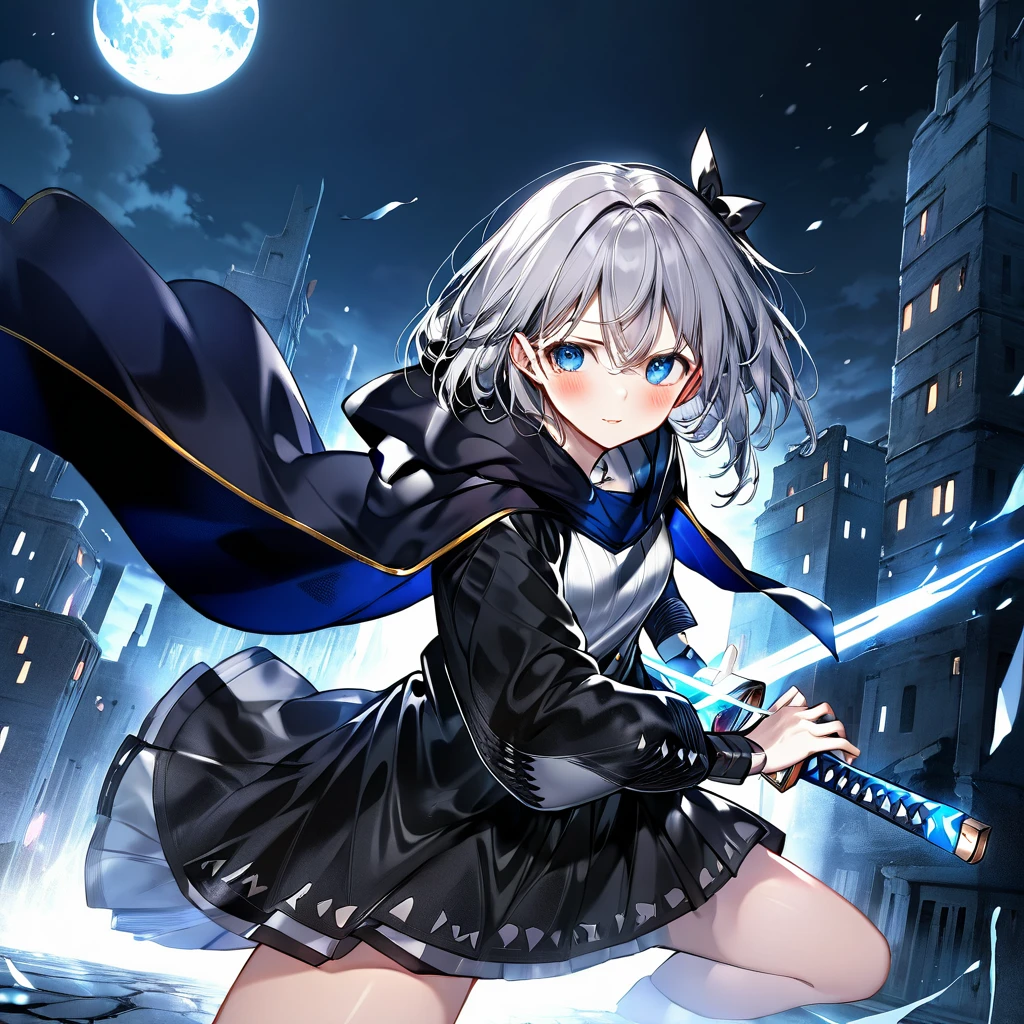 Against the background of night darkness、The ruins of a city in the near future were quietly illuminated by the moonlight.。Gray Hair、A girl with blue eyes, wearing a black cloak and a serious expression、Running at full speed with a leaning forward posture, exposing her attractive thighs。When I pulled the sword out of its sheath,、Orange sparks fly from the sheath.、The drawn sword creates a white flash.。(masterpiece、Highest quality、High resolution、Super detailed、 (Super detailed肌: 1.3) 、 (Super detailed髪: 1.3) 、 (Perfect Anatomy: 1.5) 、 (Perfect Anatomy: 1.5) 、 (Beautiful Eyes、Five fingers: 1.3) 、 (Highly detailed face and skin texture:1.3) 、(Clear Detail)、 {Background Blur: 1.3} 、(Perfect lighting)、High-definition CG、Unity 8k wallpaper、Official Art、(Whole body composition: 1.22)、(Character Focus: 1.22)、(blush: 1.22)、(Looking up: 1.22)、3D Rendering、Conceptual Art、cyber punk、sharp sketch