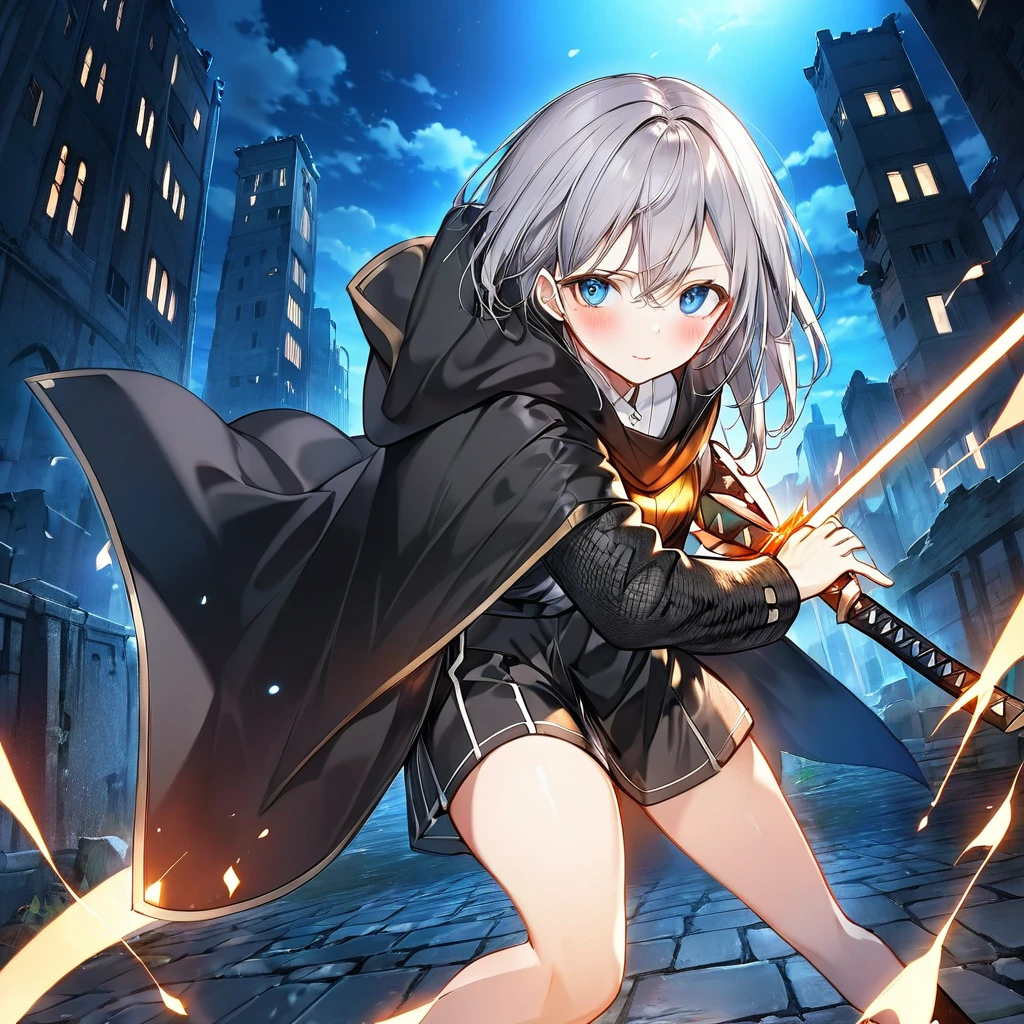 Against the background of night darkness、The ruins of a city in the near future were quietly illuminated by the moonlight.。Gray Hair、A girl with blue eyes, wearing a black cloak and a serious expression、Running at full speed with a leaning forward posture, exposing her attractive thighs。When I pulled the sword out of its sheath,、Orange sparks fly from the sheath.、The drawn sword creates a white flash.。(masterpiece、Highest quality、High resolution、Super detailed、 (Super detailed肌: 1.3) 、 (Super detailed髪: 1.3) 、 (Perfect Anatomy: 1.5) 、 (Perfect Anatomy: 1.5) 、 (Beautiful Eyes、Five fingers: 1.3) 、 (Highly detailed face and skin texture:1.3) 、(Clear Detail)、 {Background Blur: 1.3} 、(Perfect lighting)、High-definition CG、Unity 8k wallpaper、Official Art、(Whole body composition: 1.22)、(Character Focus: 1.22)、(blush: 1.22)、(Looking up: 1.22)、3D Rendering、Conceptual Art、cyber punk、sharp sketch