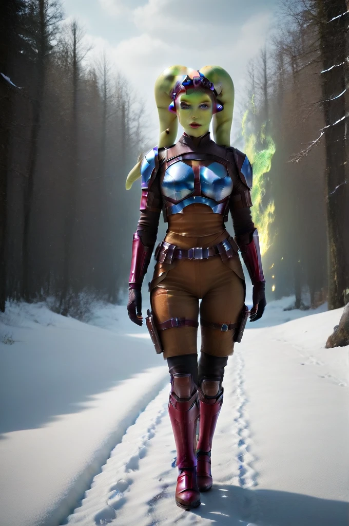 a ((fall body)) (((hera syndulla))) ((green skin )) ((female twi'lek ))mandalorian,walking on snow, ((green fire eyes )) , beautiful detailed eyes, beautiful detailed lips, extremely detailed face, long eyelashes, mandalorian armor, sci-fi, cinematic lighting, dramatic, epic, intricate details, hyper-realistic, 8k, high-quality, photorealistic
