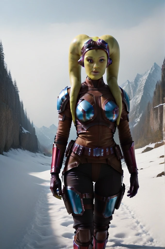a ((fall body)) (((hera syndulla))) ((green skin )) ((female twi'lek ))mandalorian,walking on snow, ((green fire eyes )) , beautiful detailed eyes, beautiful detailed lips, extremely detailed face, long eyelashes, mandalorian armor, sci-fi, cinematic lighting, dramatic, epic, intricate details, hyper-realistic, 8k, high-quality, photorealistic