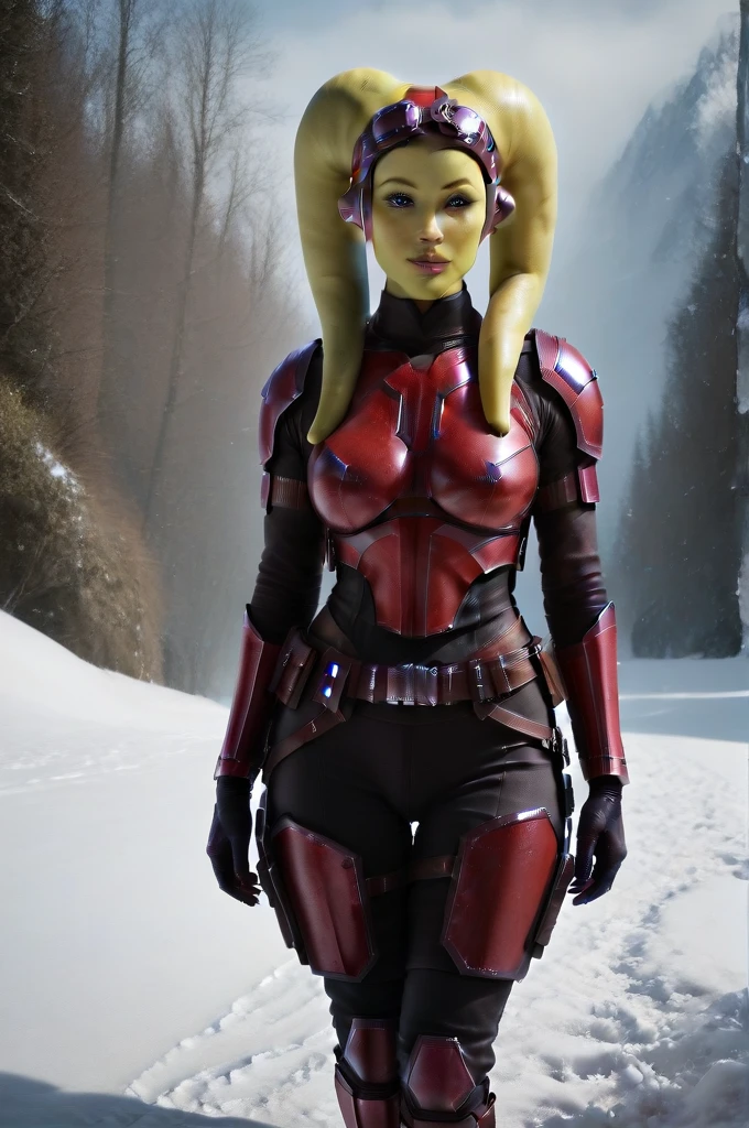 a ((fall body)) (((hera syndulla))) ((green skin )) ((female twi'lek ))mandalorian,walking on snow, ((green fire eyes )) , beautiful detailed eyes, beautiful detailed lips, extremely detailed face, long eyelashes, mandalorian armor, sci-fi, cinematic lighting, dramatic, epic, intricate details, hyper-realistic, 8k, high-quality, photorealistic
