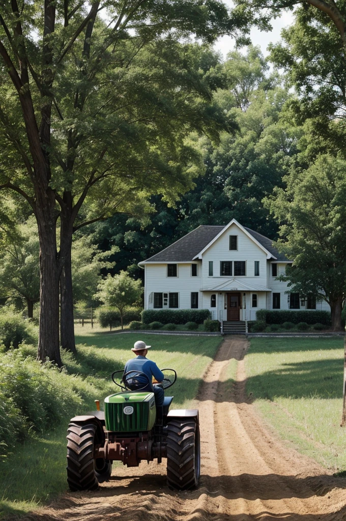 A picture of a farmer driving a J (tractor) stands facing a house. A family member is renovating a house, and a is playing near a tree. The animals have to wander on a path facing the village. Everything conveys the idea of harmony, peace and cooperation. The picture shows the deep bond of relationship between the richness and harmony of the natural life of the farmer and his family.