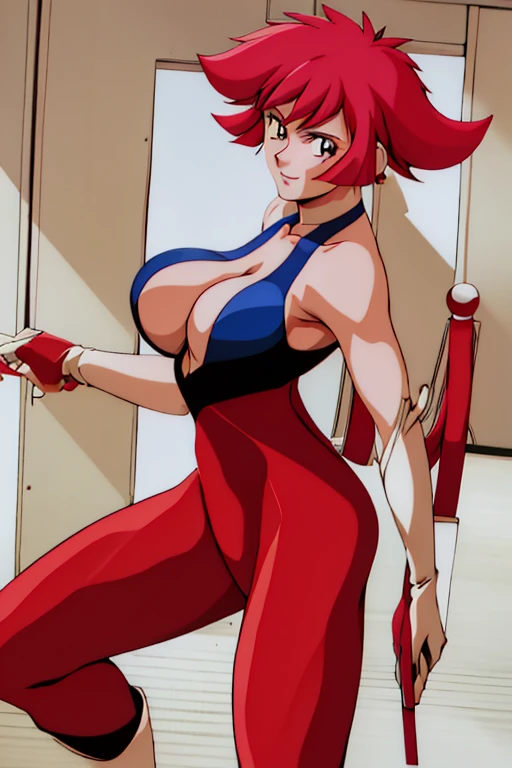 masterpiece, best quality, beautiful art, high resolution, well formed hands, body and fingers, 1 woman, solo, shin_cutie_honey,  elbow gloves, red makeup ,adult, grown up,  cosplaying as Mai Shiranui , mai_shiranui_cosplay, adult, large and round breasted, cleavage, full body , hair ribbon, gorgeous legs and, thighs, sexy Japanese clothes, hair ornament , sexy legs , hips and thighs, dancing seductively and erotically, turning backwards and forwards, showing her back and front, showing her butt, smiling joyfully, sweating ,looking at the viewer, bouncing breasts, sweating, flirting, biting her lips, beach environment 