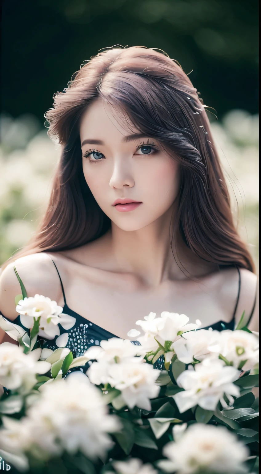 (Best quality, 4K, 8K, A high resolution, Masterpiece:1.2), Ultra-detailed, (Realistic, Photorealistic, photo-realistic:1.37), Portrait, Beautiful flowing long hair, Gray iris,vacant gaze, Plump pink lips, The ends of the hair are dotted with white flowers, Slender figure, Panoramic view, black formal, Detailed legs, looking at camera