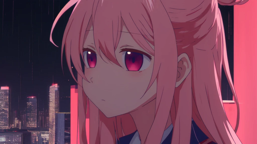 masterpiece, best quality, night city background, rainy, 1girl, solo, upper body, bow, serafuku, satou, emotionless, expressionless, anime wallpaper 4k, detailed background, detailed hair