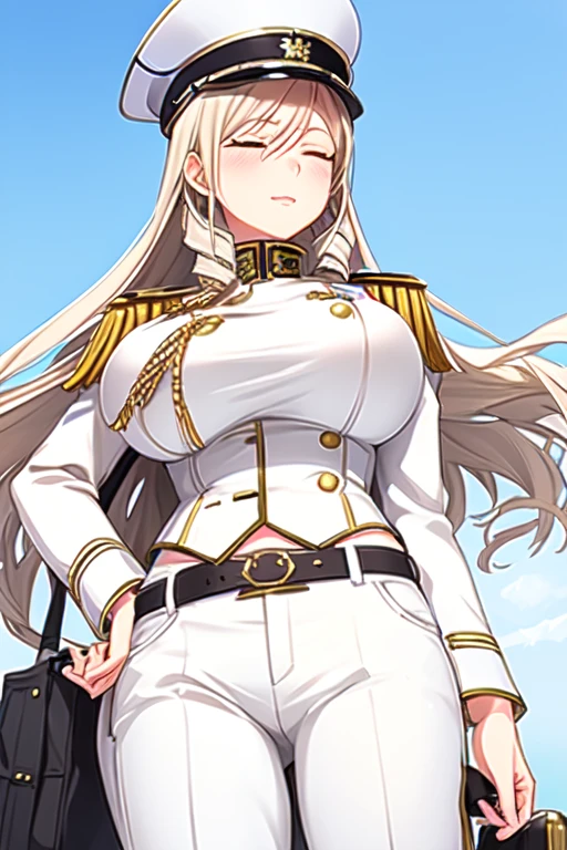 celia\(walkure\), celia\(uniform\),1girl, mature female, solo, big breasts, 
Closed eyes, 
(white uniform), (white cargo pants), belt, (white shako cap),
best quality, highest quality, ultra-detailed, masterpiece, illustration, ultra detailed background