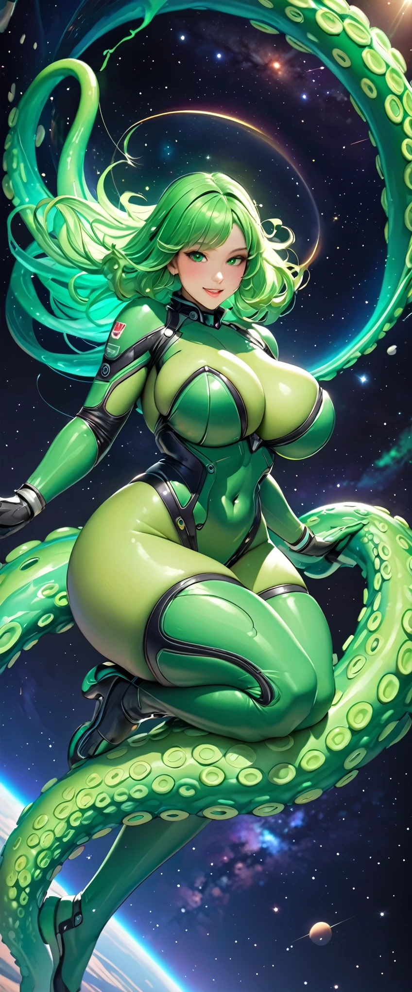(masterpiece:1.2, Highest quality,High resolution,Very detailed),8k,wallpaper,(Beautiful alien woman floating in space),(Green Skin:1.6),(Her hair is made of beautiful green tentacles),Space Tech Suit,Milky Way,milky way,(Cute smile),(sexy),(Voluptuous:1.5),(((Hand,detailed,perfect,perfection,hands))),(dynamic)