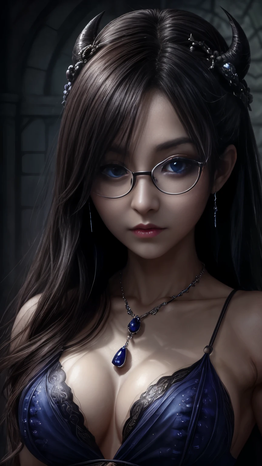 (8ก, Highest quality: 1.3), (Fatal Beauty,charm的な悪役,witch) ,(A supple and powerful physique),(官能的なcharm),(mysteriouscharm:1.1),(Captivating silhouette),(Highest quality,High resolution:1.2),(dark,Threatening:1.1),Very detailed, Complete Solution, (Realistic, Realistic photo: 1.37), Portraiture, High resolution RAW color photograph, devil, Beast skull, Blood Chain, Filmed, skeleton Behemoth, Abnormal restless eyes, Sutured limbs, Tentacles, skeleton, teeth, Sharp Fangs, Chained, Insanityの表現, Insanity, Dungeon Dungeon Environment, Amazing details, Large file size, Urban,Very detailed,masterpiece,Intricate details,Faded,Very detailed, Eye on the details,Intricate details,暗くてSpooky atmosphere, spiritual being, Hauntingly beautiful, Ghostly figures, Shadow-like shape, Spooky whispers, an ominousオーラ, Very detailedな美しい女の子, (Ideal body type:1.8), Very detailed faceexpressive lips, (so beautiful、Crisp big eyes:1.5), Fine skin., All features are shown in detail., The outline of the fingers is beautifully drawn....., The nose is precisely shaped., expressive lips, Perfect Anatomy, 20th Generation, cute、Realistic、(Front view:1.4),(Face Focus:1.3),Perfect breasts,Round Breasts,(Flat Chest:1.5),(View your viewers:1.5), Perfect Ass, cute face, Sexy Face, Sexy Body,( Very lean body:1.6),Sexy pose, blush, charm的な体, Young people, masterpiece:1.8,((Beautiful Women Aesthetic Horror,dark影,A deeper perspective,Eerie beauty,Grotesque elegance)),Dark fantasy,Horror Universe,Insanityの庭,nightmareの王国,Beings from another world,twisted reality,Gothic , Close-up of a woman with dark hair and a black dress, Dark Eyes,an ominous笑顔,((((Glasses))))、((((big sapphire necklace))))、Evil Aura,Burning Flames,Soul Corruption,dark影,an ominous雰囲気,Strange symbols,Cursed Land,Eternal Darkness,Unforgettable are present,Intimidating person,Grotesque features,Horror Scene,twisted reality,Scary atmosphere,A wonderful work of art,Evil Unleashed,Supernatural horror,Spooky art,nightmare fuel,Terrifyingly clear,Abstract fear,Terrifyingly beautiful,masterpiece,Fear incarnate,Shadow Chaos,are present,Born with darkness in the soul,Dark fantasyアート, Beautiful and elegant queen of darkness, Gothic fantasy art, Gothic Dark Maiden, Detailed Texture,Spooky creatures,an ominous雰囲気,Mythical,Space horror,darkness,mysterious,Dark aesthetic,Eyes of another world,Ancient Gods々, mysteriousシンボルで飾られた流れるようなローブ, Arms stretched out, Tentacles,Pitch black blackness,Majestic,Unfathomable depth,nightmare,The are present of the universe,an ominousare present,Secrets of the Universe, (Spooky atmosphere), (((Dramatic Shadows), (Dynamic pose), ((Artistically expressed)), ((charm), (Gothic), (mysterious Setting), (Moody color palette), (Skillfully drawn), (sense of unease), (Intricate details), (an ominous smile), (an ominous), (charm eyes), (Horror elements), (charm composition), (Impressive anatomy),(Striking contrast))), (Interesting character designs)、Dark fantasyポートレート, Portrait of the Dark Goddess,