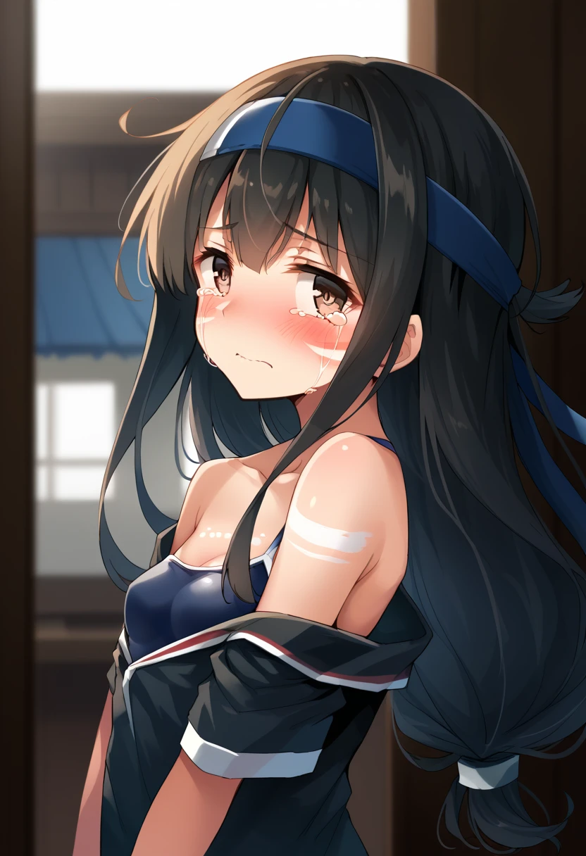 score_9, score_8_up, score_7_up, source_アニメ, Idealized Forms, Natural Light, details background, blurry background, extremely detailed,(aga),hatsushimo(kancolle),brown eyes,(left(white)right(blue))headband,(black)long hair,(low-tied)hair,(black)hair,small breasts,(petite),(supplyed eyes),((tears)),blush,body paint,painted clothes,fake clothes,form fitting,swimsuit,
