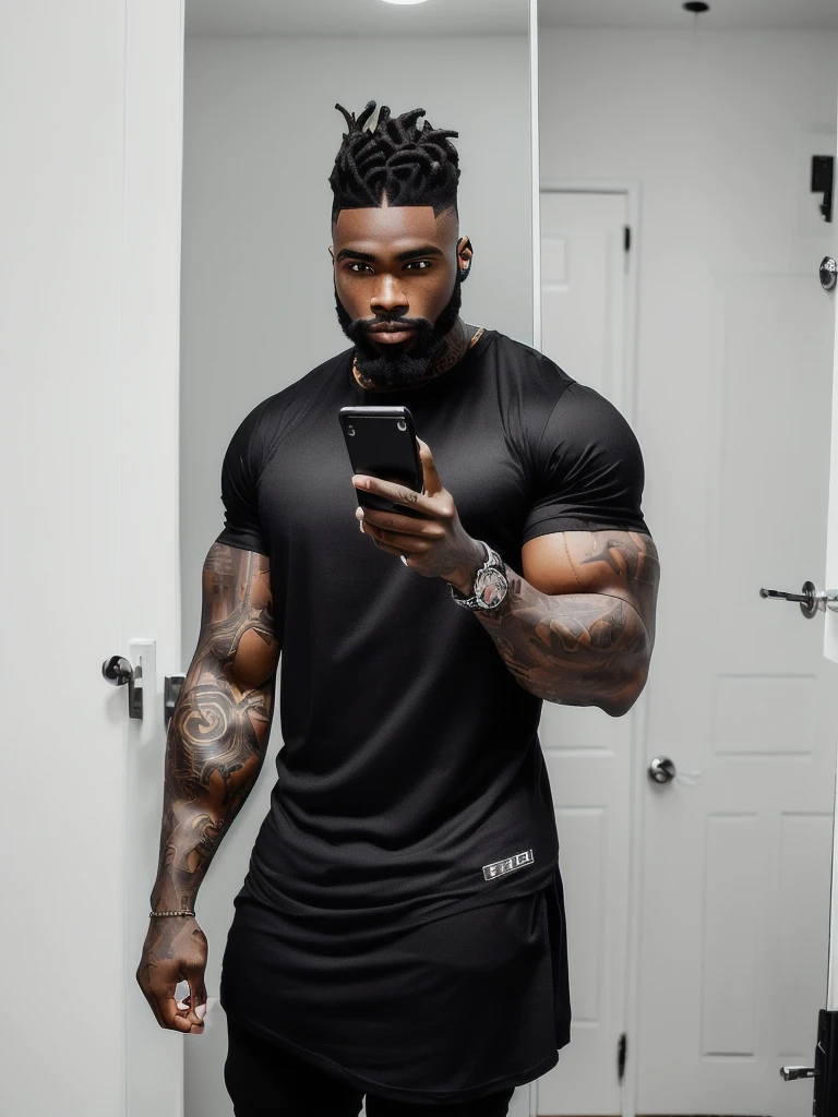 there is a man standing in front of a mirror with a cell phone, he is wearing a black t-shirt, man is with black skin, fit pic, posing and flexing, profile image, tight black tanktop, 30 year old man :: athletic, black thor, thicc, tight shirt, flexing large muscles, wearing tight shirt, short styled black dreadlocks with shaved sides, trendy haircut, tattoos, dark beard and black hair