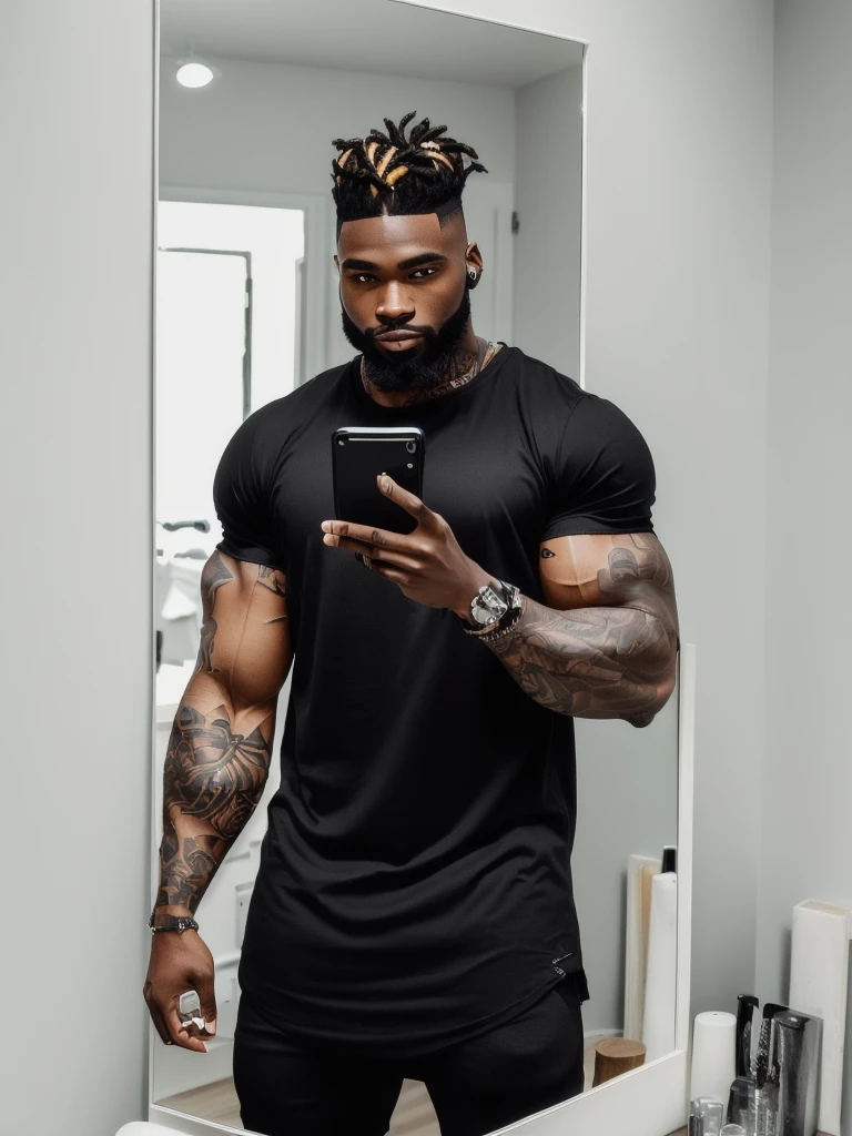 there is a man standing in front of a mirror with a cell phone, he is wearing a black t-shirt, man is with black skin, fit pic, posing and flexing, profile image, tight black tanktop, 30 year old man :: athletic, black thor, thicc, tight shirt, flexing large muscles, wearing tight shirt, short styled black dreadlocks with shaved sides, trendy haircut, tattoos, dark beard and black hair