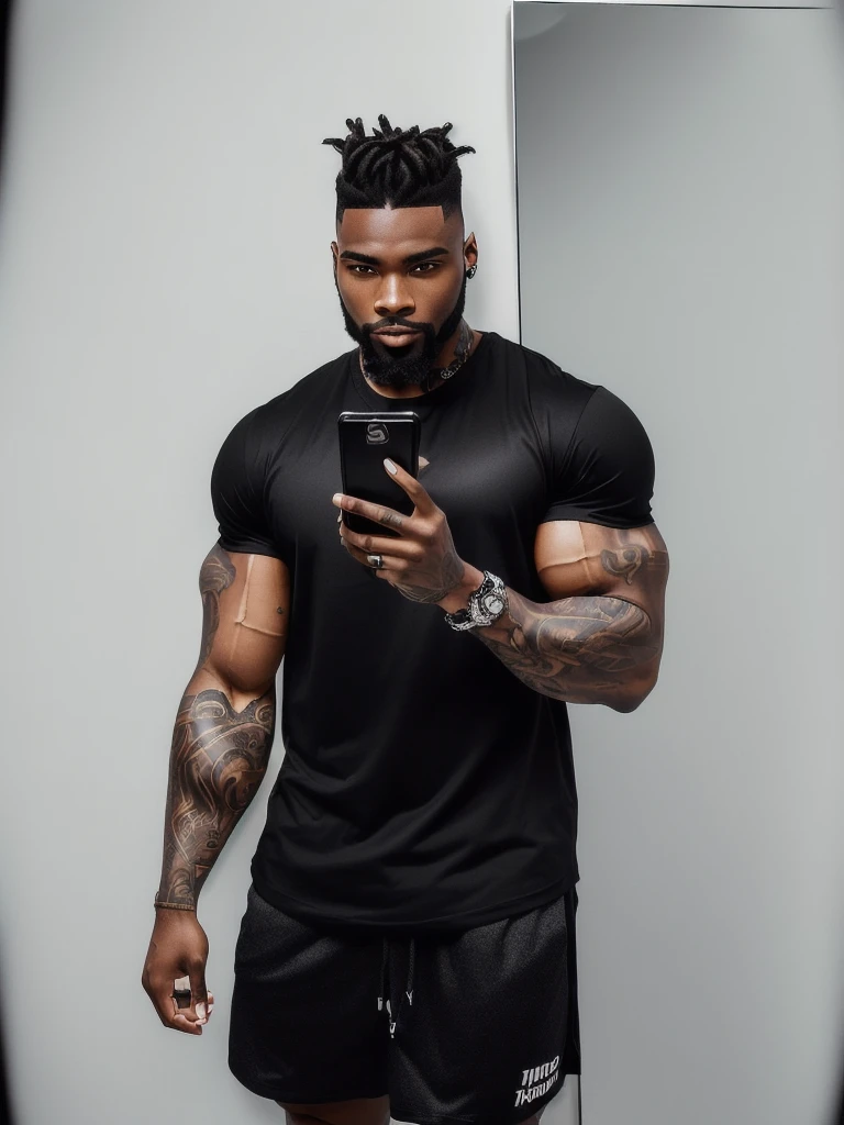 there is a man standing in front of a mirror with a cell phone, he is wearing a black t-shirt, man is with black skin, fit pic, posing and flexing, profile image, tight black tanktop, 30 year old man :: athletic, black thor, thicc, tight shirt, flexing large muscles, wearing tight shirt, short styled black dreadlocks with shaved sides, trendy haircut, tattoos, dark beard and black hair