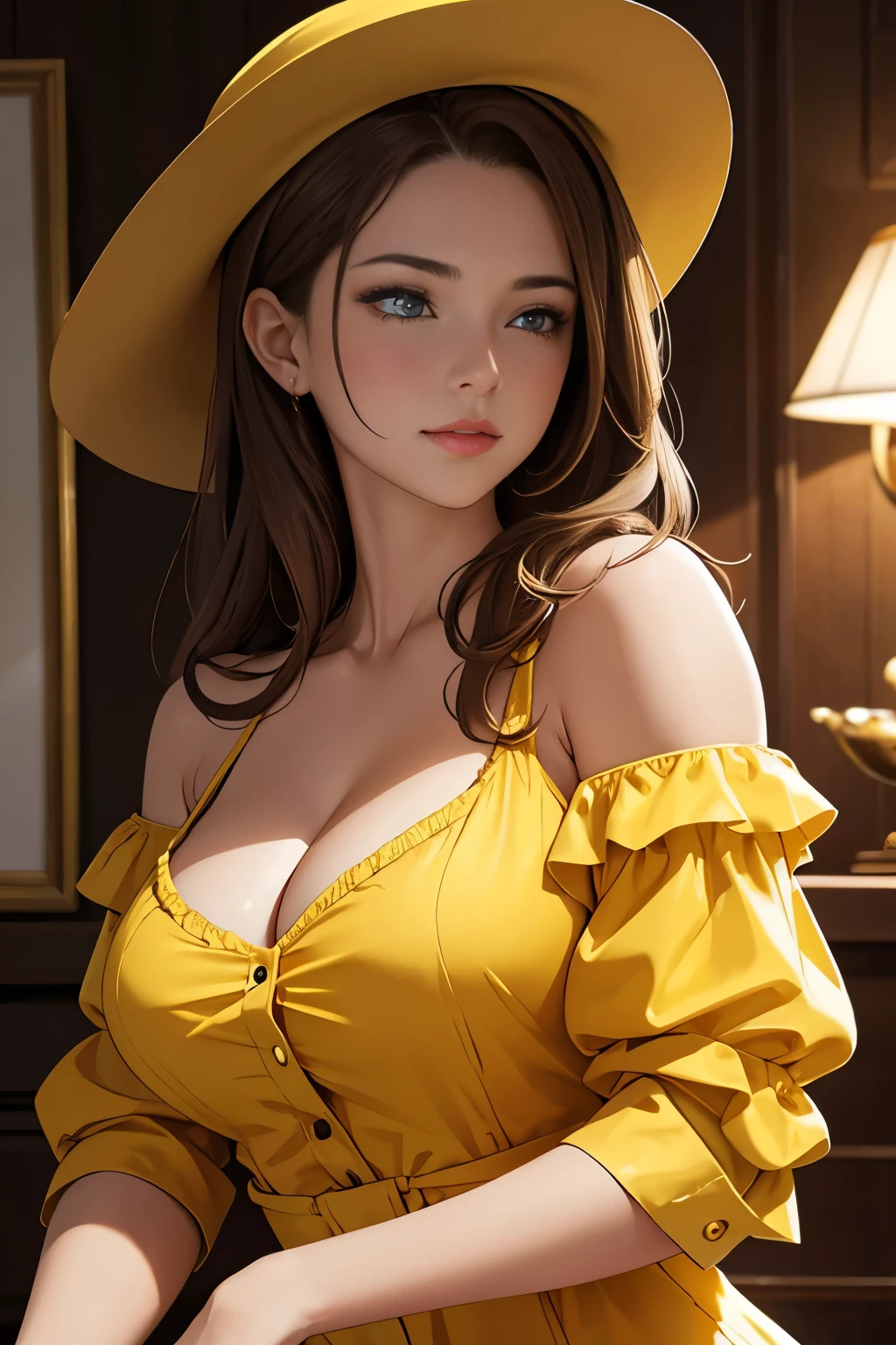 A girl in a yellow dress, with brown hair and yellow hat. She has a sexy and attractive appearance. her blouse is open, revealing her big, attractive breasts. The medium used to represent this work of art is oil painting, ensuring a detailed, high-quality result. The painting style is realistic and photorealistic, with vivid colors and sharp focus. General lighting is well balanced, lighting the scene beautifully. Super definition image, 8K image, rich in details, 