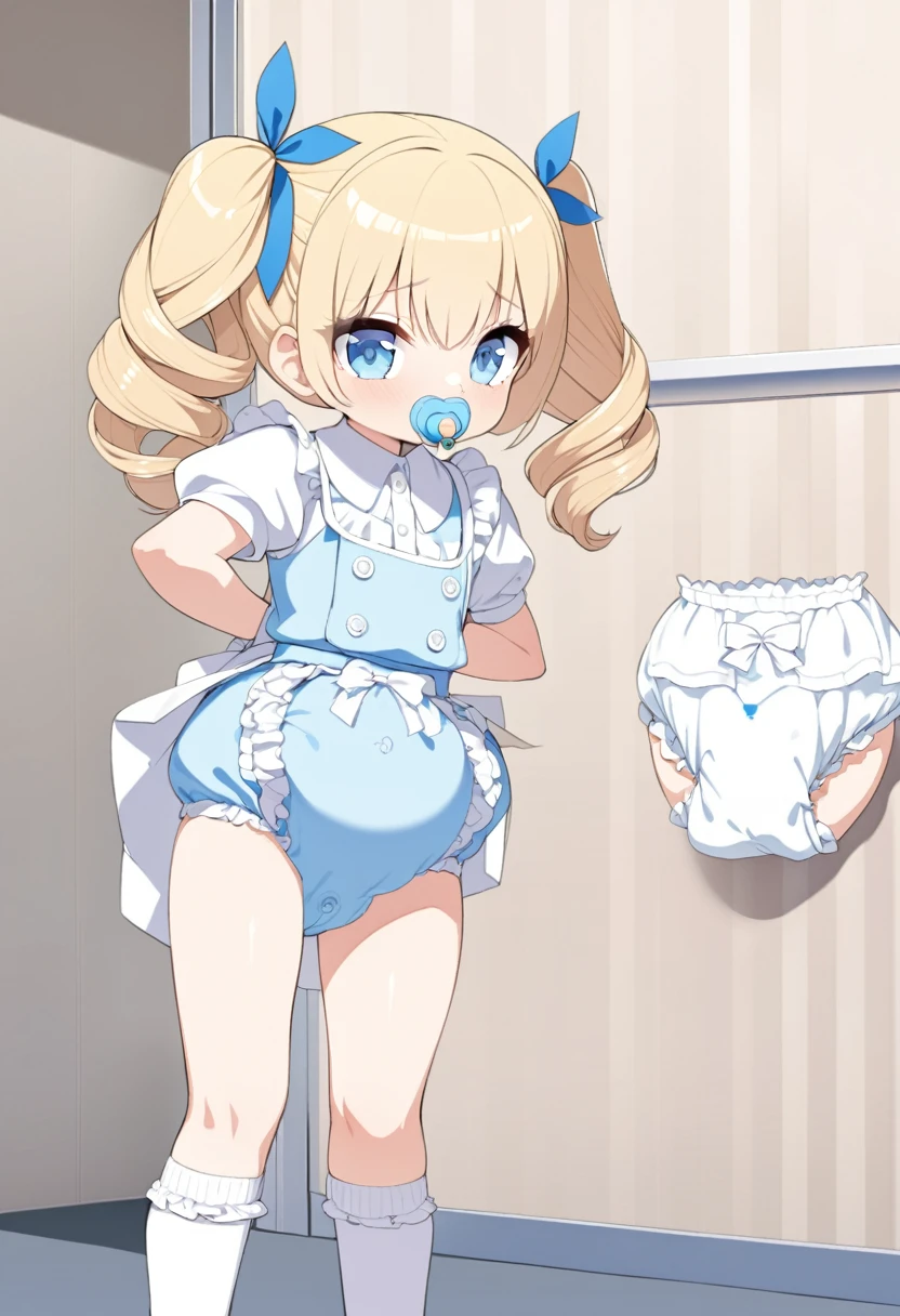 blue eyes,long eyelashes,frilly baby blue pinafore dress,standing,collared blouse,big puffy short white sleeves,hair ribbons,,big puffy diaper,frilly ankle socks,mary jane shoes,curly pigtails,blonde hair,solo,masterpiece,fullbody,(big puffy diaper),diaper cover,skirt,pacifier
