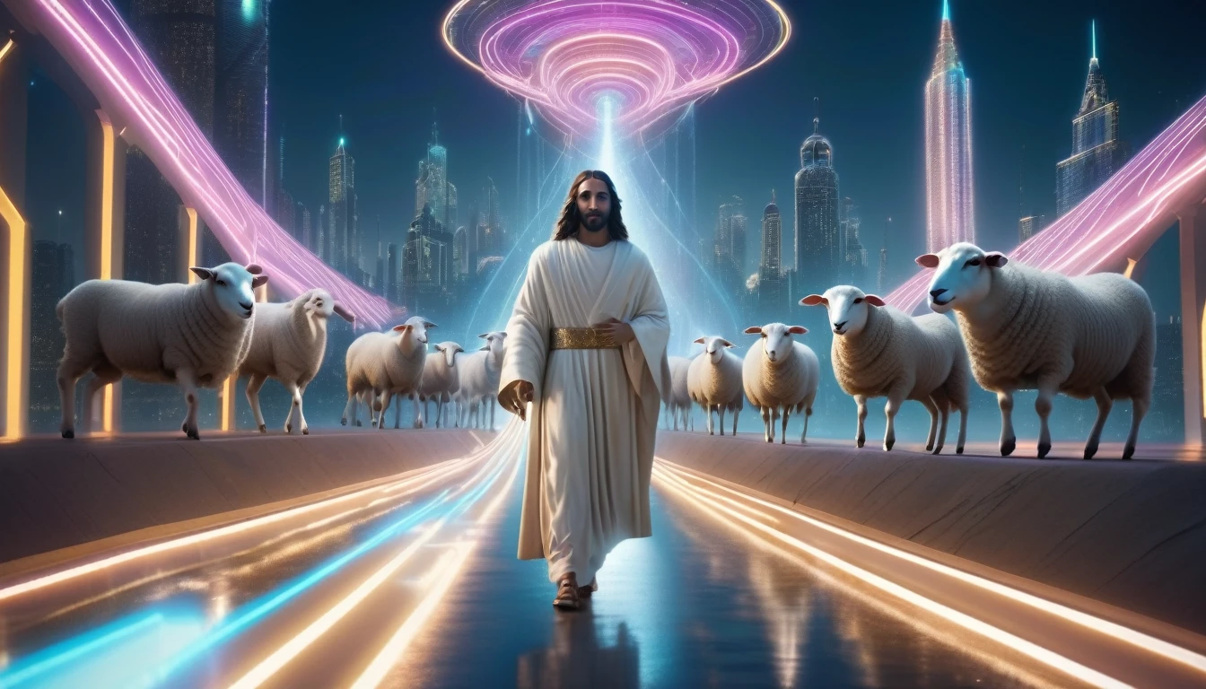 "Futuristic Jesus leading cybernetic sheep along an illuminated path, city with futuristic architecture in the background, bright and ethereal robes, 8k high definition, super verbose"