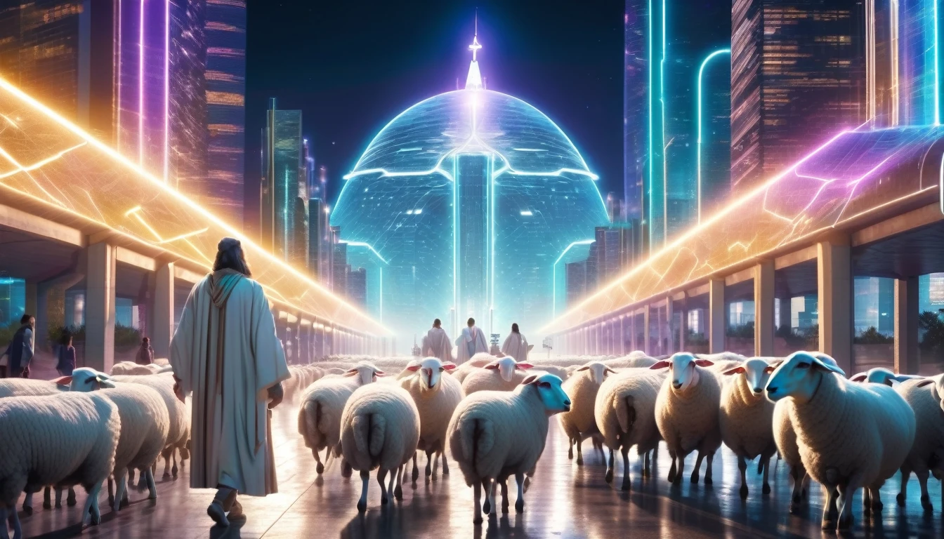 "Futuristic Jesus leading cybernetic sheep along an illuminated path, city with futuristic architecture in the background, bright and ethereal robes, 8k high definition, super verbose"