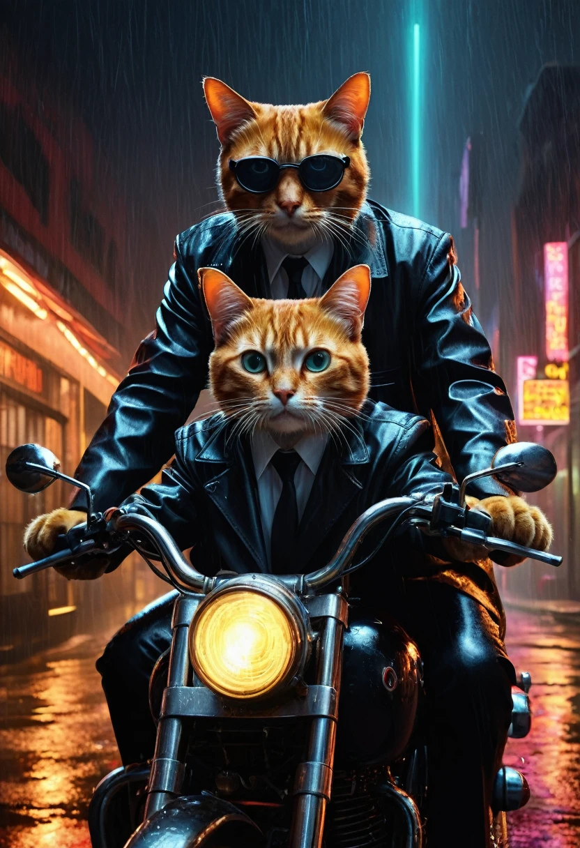 High resolution, high quality, Masterpiece Anthropomorphic cats resembling special agents Mulder and Scully (The X-Files) Riding a motorcycle in a leather raincoat. White shirt and tie. Black glasses. Wrapped in a noir atmosphere, Impressed by the cinematic chiaroscuro lighting, Surrounded by the rain-soaked glow of neon lights, Complex gear mechanisms blend into abstract oil paint textures, Acrylic Grunge Atmosphere, Expressed in the intricate complexity of photorealistic Unreal Engine rendering, Composition according to the golden ratio, Capture software in 8K resolution, Volumetric, Cinema Lighting, Evoke the essence of Raphael&#39;s style