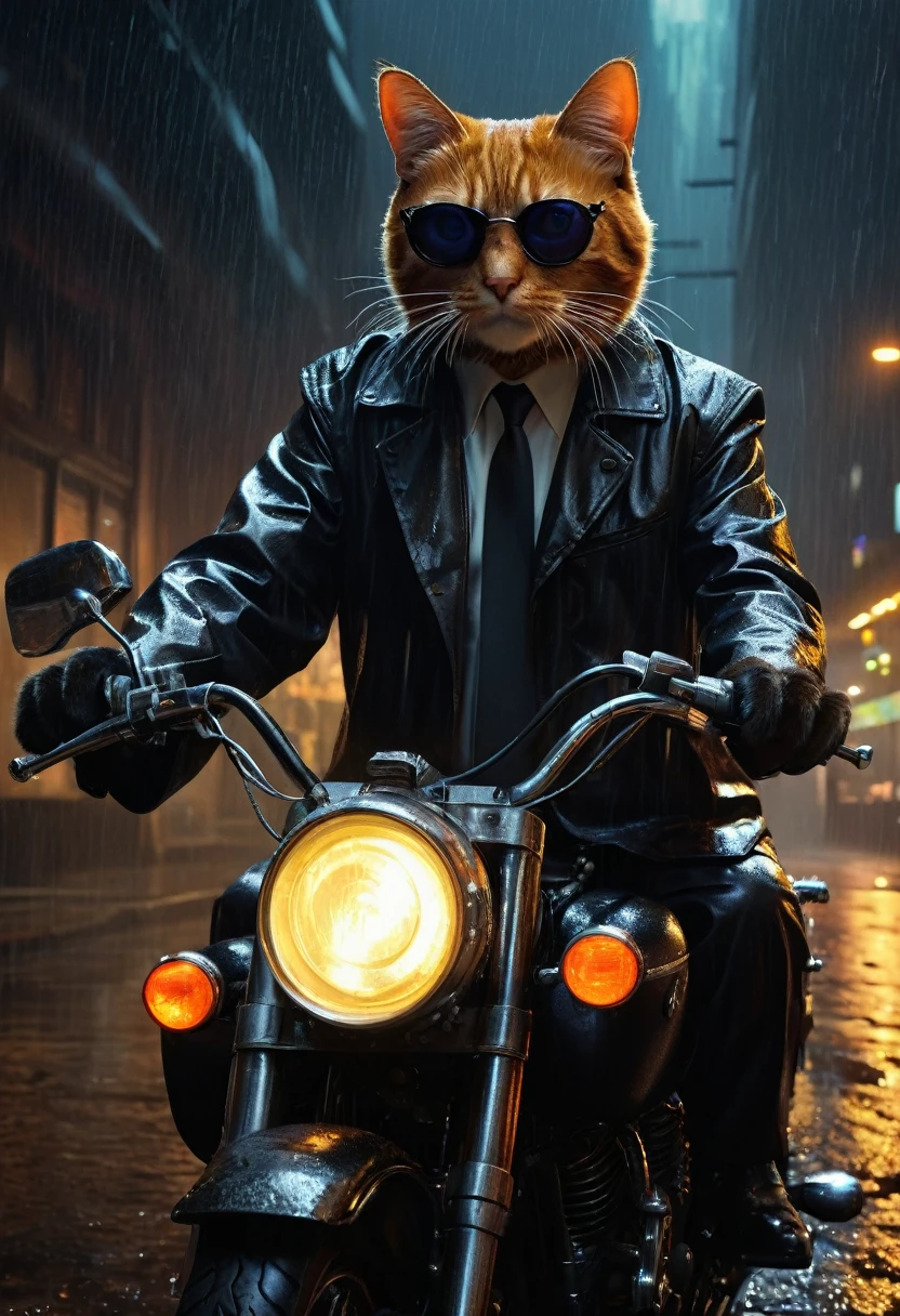 High resolution, high quality, Masterpiece Anthropomorphic cats resembling special agents Mulder and Scully (The X-Files) Riding a motorcycle in a leather raincoat. White shirt and tie. Black glasses. Wrapped in a noir atmosphere, Impressed by the cinematic chiaroscuro lighting, Surrounded by the rain-soaked glow of neon lights, Complex gear mechanisms blend into abstract oil paint textures, Acrylic Grunge Atmosphere, Expressed in the intricate complexity of photorealistic Unreal Engine rendering, Composition according to the golden ratio, Capture software in 8K resolution, Volumetric, Cinema Lighting, Evoke the essence of Raphael's style