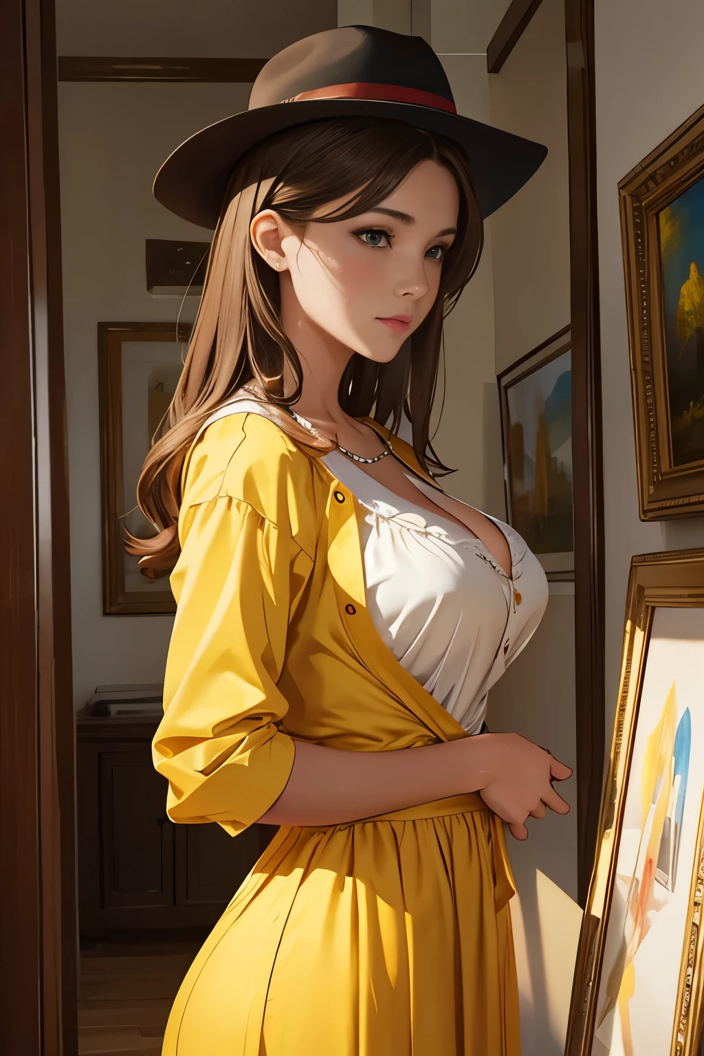 A girl in a yellow dress, with brown hair and yellow hat. She has a sexy and attractive appearance. her blouse is open, revealing her big, attractive breasts. The medium used to represent this work of art is oil painting, ensuring a detailed, high-quality result. The painting style is realistic and photorealistic, with vivid colors and sharp focus. General lighting is well balanced, lighting the scene beautifully. Super definition image, 8K image, rich in details, 