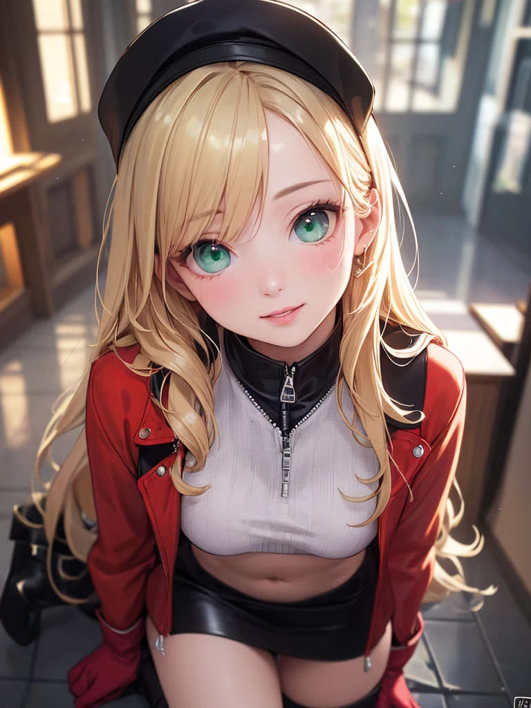 a sexy stone mason, smiling, long blonde hair and green eyes, black crop top, jacket, blue pencil skirt, red boots, white gloves, high heeled boots, (best quality,4k,8k,highres,masterpiece:1.2),ultra-detailed,(realistic,photorealistic,photo-realistic:1.37),detailed eyes,detailed lips,extremely detailed face,portrait,fashion,cinematic lighting,vibrant colors,dramatic colors