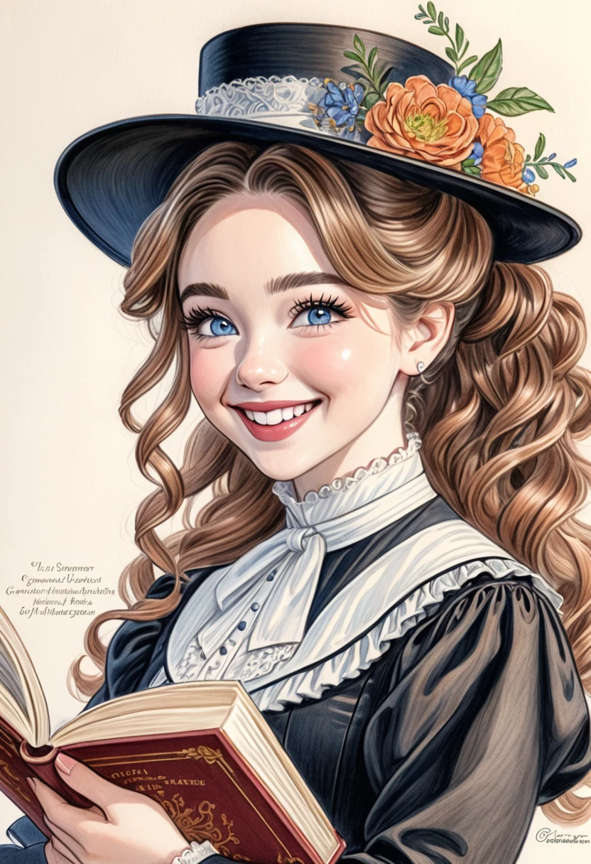 A colored pencil drawing of a pretty smiling happy victorian governess, curly black hair with auburn highlights. Kind and inteligent, joyful energy. hair in bun, hat. book of poetry in hand. Sabrina Carpenter