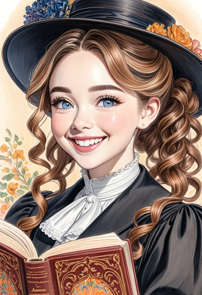 A colored pencil drawing of a pretty smiling happy victorian governess, curly black hair with auburn highlights. Kind and inteligent, joyful energy. hair in bun, hat. book of poetry in hand. Sabrina Carpenter