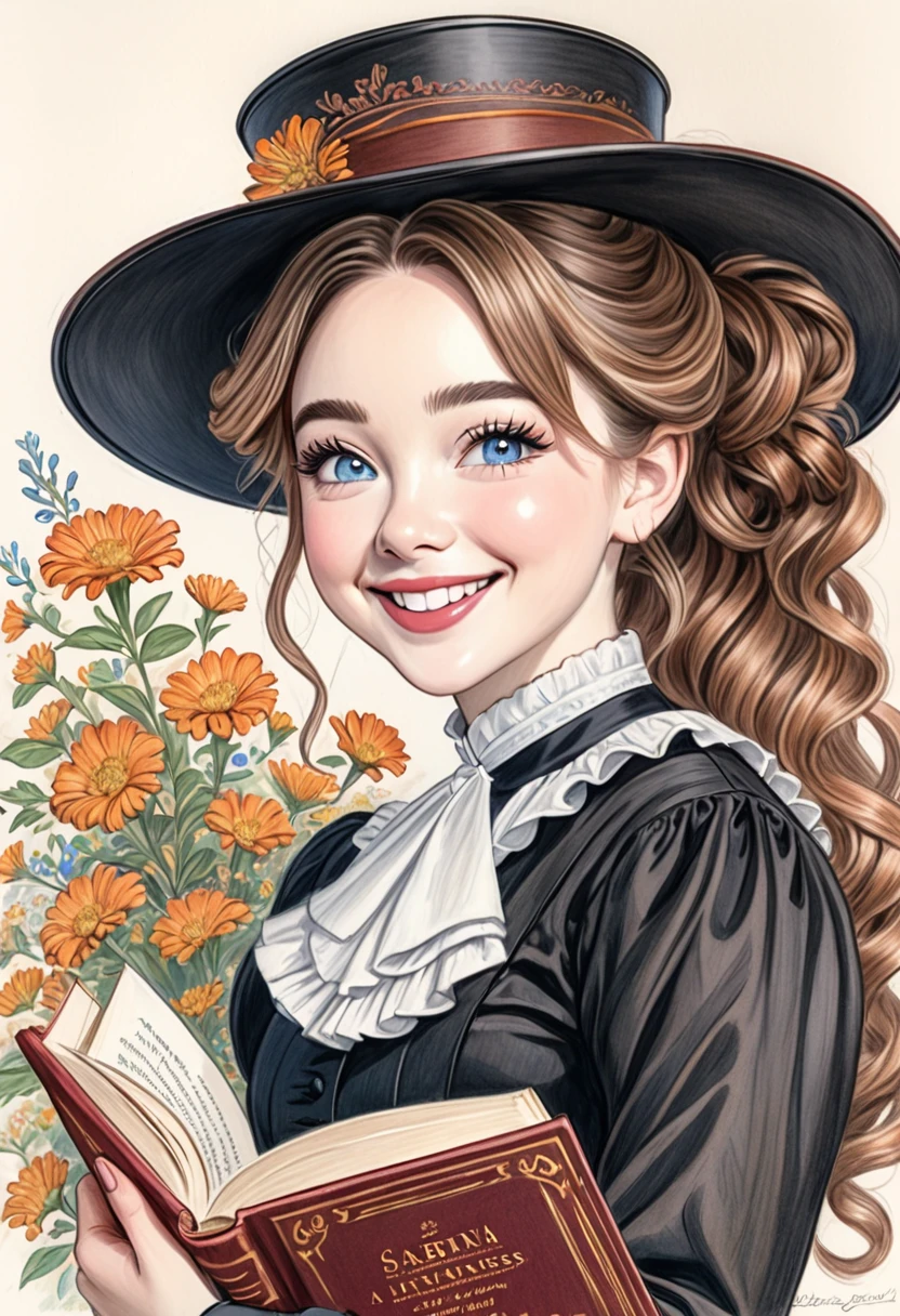 A colored pencil drawing of a pretty  smiling happy victorian governess, curly black hair with auburn highlights. Kind and inteligent, joyful  energy. hair in bun, hat. book of poetry in hand. Sabrina Carpenter
