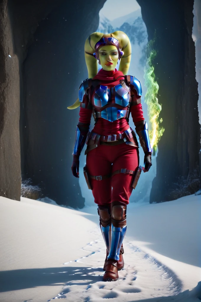 a ((fall body)) (((hera syndulla))) ((green skin )) ((female twi'lek ))mandalorian,walking on snow, ((green fire eyes )) , beautiful detailed eyes, beautiful detailed lips, extremely detailed face, long eyelashes, mandalorian armor, sci-fi, cinematic lighting, dramatic, epic, intricate details, hyper-realistic, 8k, high-quality, photorealistic