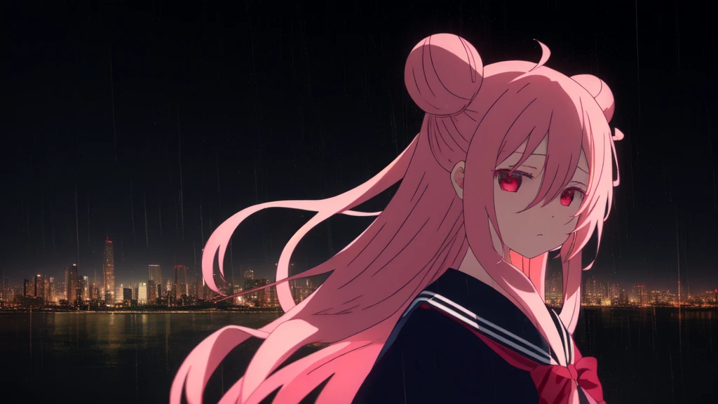 masterpiece, best quality, night city background, rainy, 1girl, solo, upper body, bow, serafuku, satou, emotionless, expressionless, anime wallpaper 4k, detailed background, detailed hair