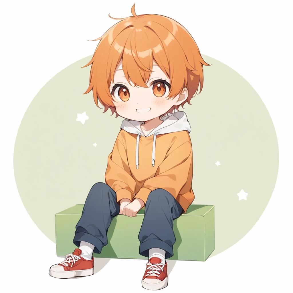 Orange Hair, Orange eyes,Short Hair,smile, a bit,maleの子一人,a bitキャラ,anime,whole body,mini,male,小さいmaleの子,a little ,hoodie,Sitting