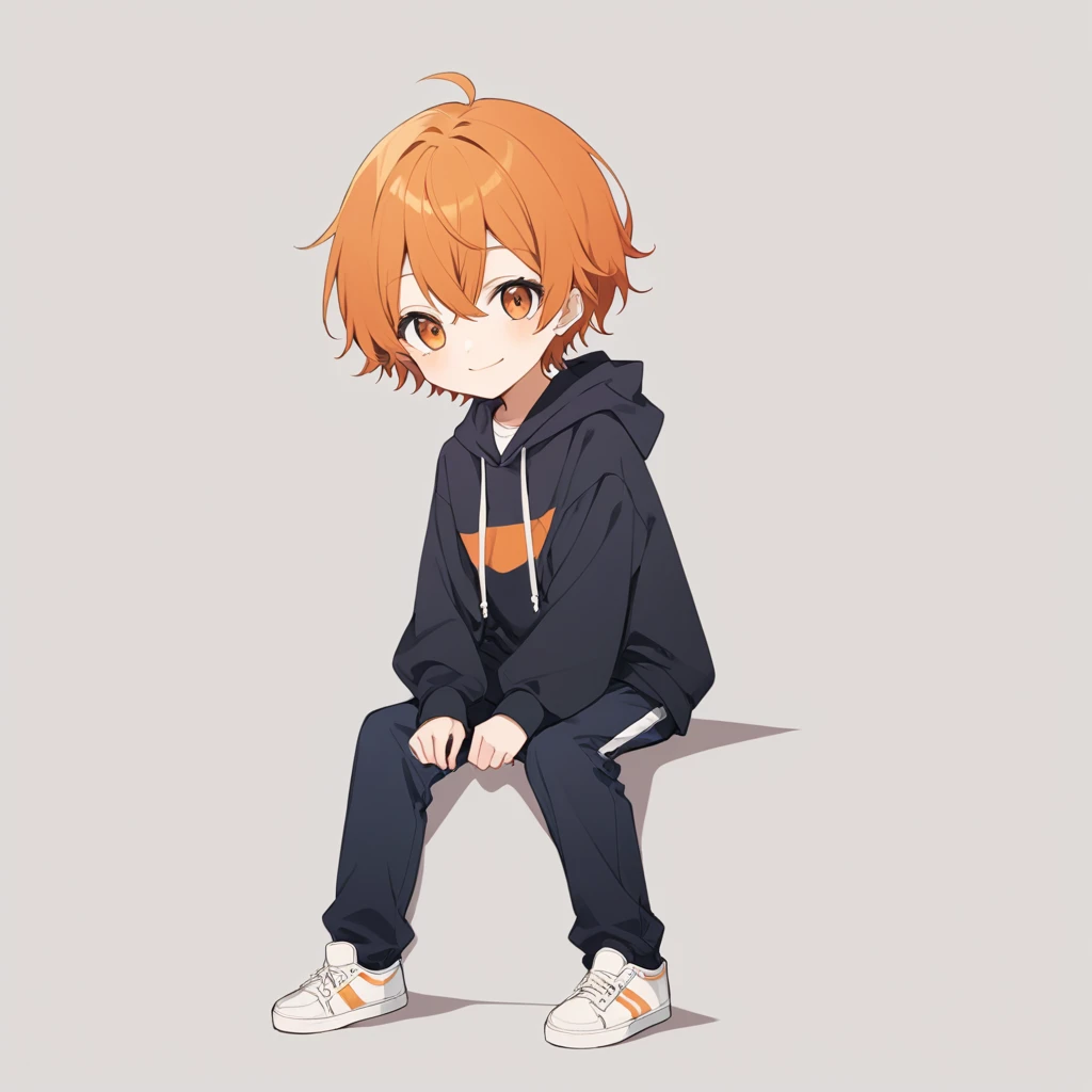 Orange Hair, Orange eyes,Short Hair,smile, a bit,maleの子一人,a bitキャラ,anime,whole body,mini,male,小さいmaleの子,a little ,hoodie,Sitting