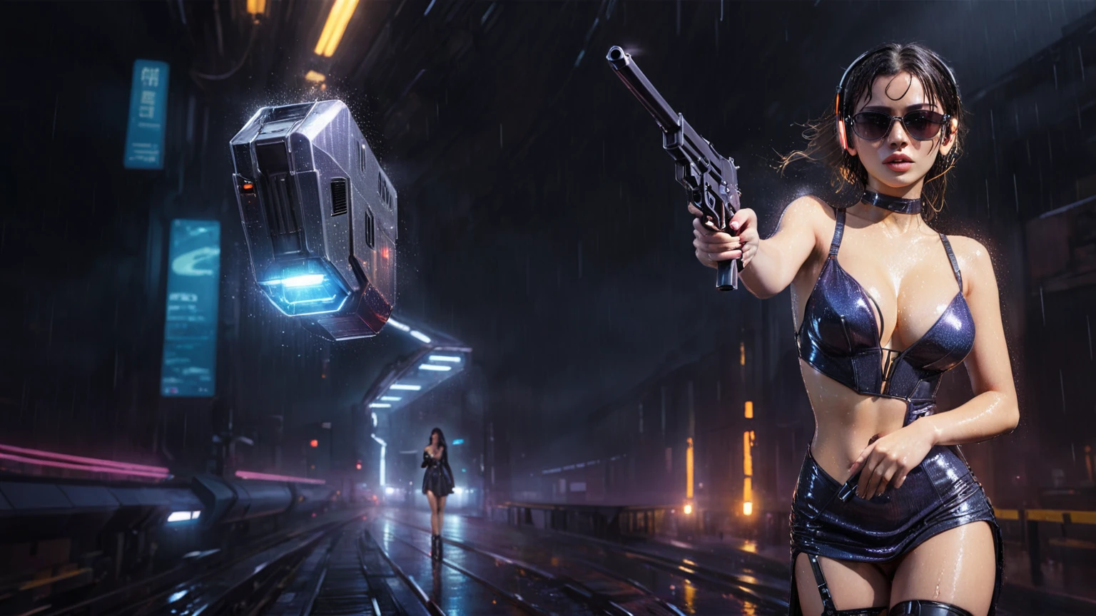 (((aerial view))), Blade Runner style futuristic railway platform, hi-tech train, neon lights, rainy night. (1girl, solo, alone), large-breast:1.2 slim body, cleavage:1.1, sexy wind blowing wet dress:1.4, headphone, (black sunglasses), (((she raised a pistol:1.8 and shot:1.8 the viewer))), dynamic pose, (((half-body thigh level medium shot))), cinematic lighting, lens flare, ray tracing, blurred:1.4 background.