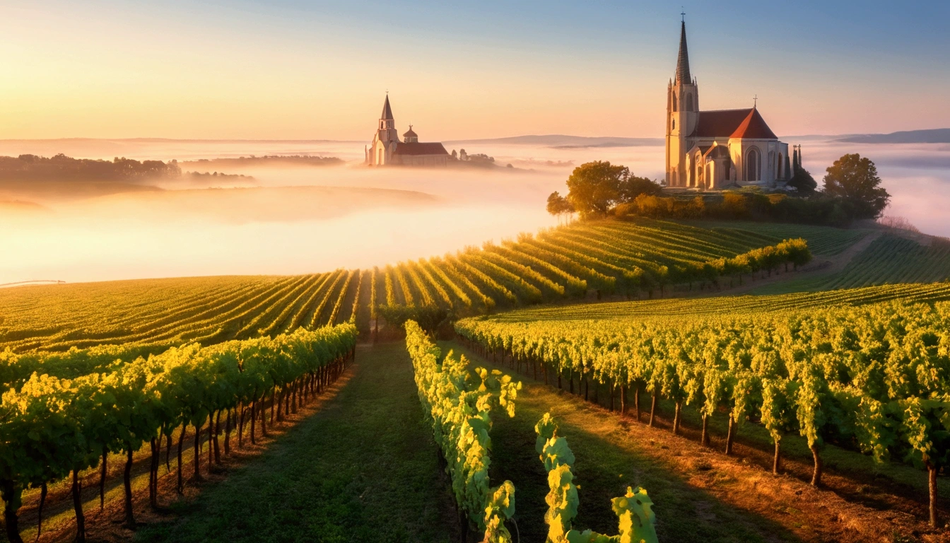 8k, Dawn fog, path, vineyard, Cathedral, Vivid picture quality, Realistic perfect picture quality