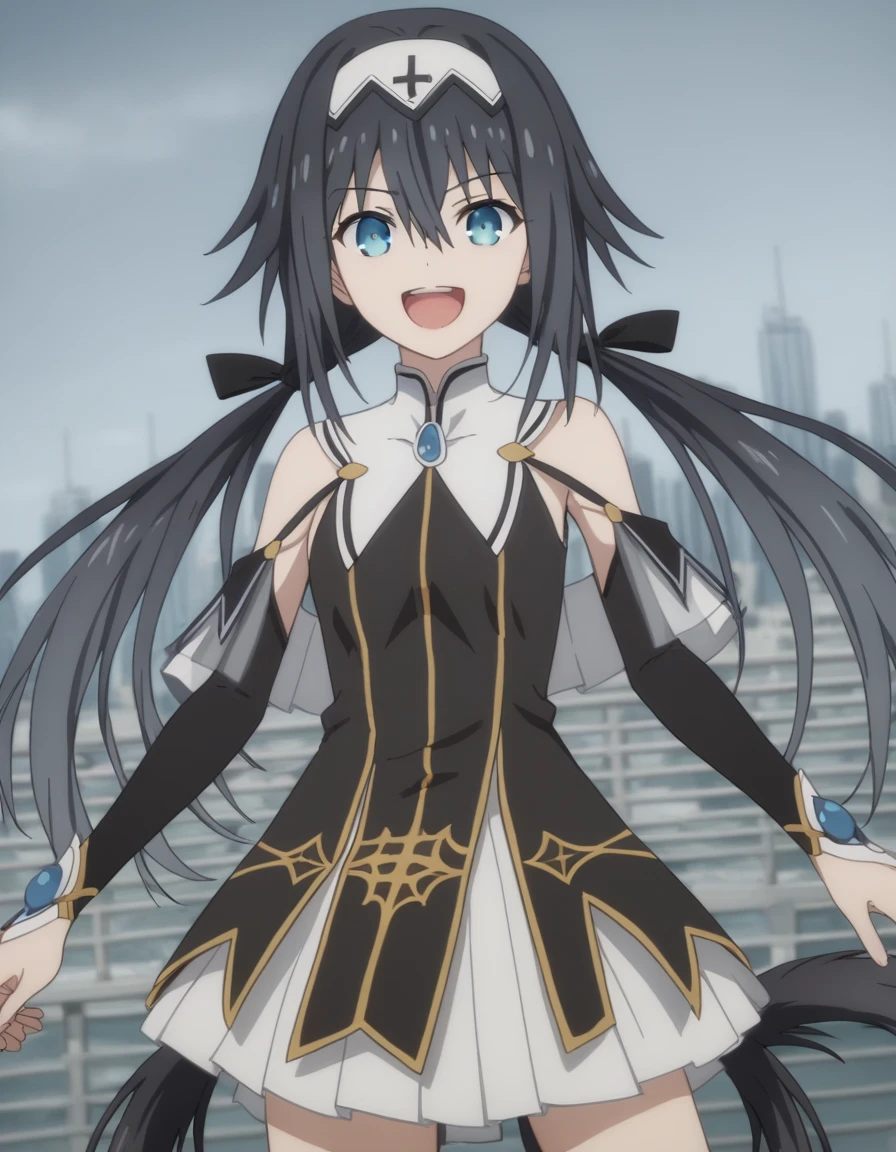 score_9, score_8_consolation, score_7_consolation, source_japanese cartoon movies,
Nivelcall, Nivelcall, long hair, blue eyes, black hair, hair between eyes, twin tail, very long hair, hair band, low twin tail, white hair band,
skirt, separated sleeves, sleeveless, white skirt, black sleeves,
cityscape, finished, laugh,
looking at viewer, alone, cowboy shot, dutch angle,