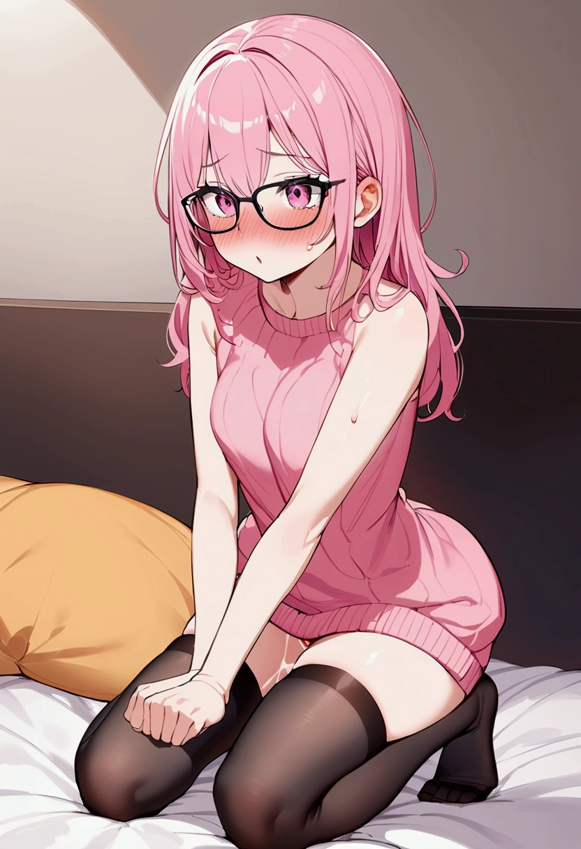 pink hair black glasses pink eyes extremely blushing a big pink sweater naked black stockings that she is a reserved girl her bed that she is on her knees touching the butt of her vagina they make semen